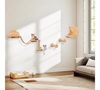 GYMAX 6PCS Wall Mounted Cat Tree, Cat Wall Shelves with Hammock, Bridge, Sisal Steps, Scratching Posts & Hanging Toy, Wooden Cats Wall Furniture Set for Indoor Cats