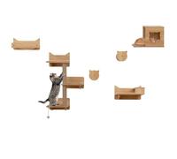 GYMAX 6PCS Wall Mounted Cat Tree, Cat Wall Shelves with Hammock, Food Water Bowl, Sisal Steps, Scratching Posts & Hanging Toy, Wooden Cats Wall Furniture Set for Indoor Cats