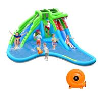 GYMAX 7 in 1 Kids Bouncy Castle with 780W Blower, Inflatable Water Park with 2 Slides, Splash Pool, Climbing Wall, Water Cannon, Basketball Hoop & Tunnel, Giant Outdoor Bounce House for Children
