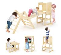 GYMAX 7 in 1 Kids Climbing Set, Indoor Toddler Climbing Frame with Reversible Ramp, Convertible Step Stool & Chalkboard, Wooden Foldable Children Climber for 3-14 Years Old Boys Girls (Natural)