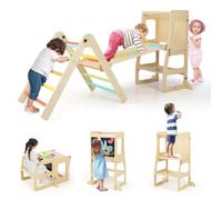 GYMAX 7 in 1 Kids Climbing Set, Indoor Toddler Climbing Frame with Reversible Ramp, Convertible Step Stool & Chalkboard, Wooden Foldable Children Climber for 3-14 Years Old Boys Girls (Colorful)