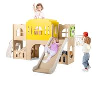 GYMAX 7 in 1 Kids Slide Set, Wooden Toddler Climber Playset with Slide, Basketball Hoop, Long Aisle, Peek-a-Boo Window, Crawling Tunnel & Storage Space, Indoor Playground for 3+ Years Old