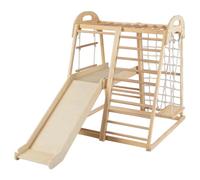 GYMAX 8 in 1 Kids Climbing Set, Indoor Playground Jungle Gym with Slide, Climbing Ladder/Net, Monkey Bars, Swing & Rope Ladder, Wooden Toddler Climber Playset for 3-5 Years Old (Natural)