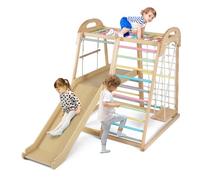 GYMAX 8 in 1 Kids Climbing Set, Indoor Playground Jungle Gym with Slide, Climbing Ladder/Net, Monkey Bars, Swing & Rope Ladder, Wooden Toddler Climber Playset for 3-5 Years Old (Colorful)