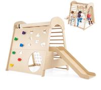 GYMAX 8 in 1 Kids Climbing Set, Wooden Toddler Climber Playset with ASlide, Climbing Rock/Net, Ladder, Crawling Hole, aSwing and Monkey Bars, Indoor Children Playground for 3+ Years Old (Natural)