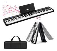 GYMAX 88 Keys Foldable Keyboard Piano, Full-size Digital Piano with Bluetooth, USB/MIDI Controller, Sustain Pedal, Rechargeable Battery & Piano Bag, Portable Electronic Keyboard for Beginners (Black)