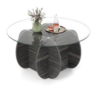 Gymax 89cm Round Coffee Table Accent Table With Glass Top & Storage in Black Gymax Black