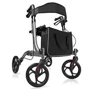 GYMAX Aluminum Walker, Foldable Four Wheels Medical Rollator with Seat & Carrying Bag, 5 Adjustable Height Folding Walking Mobility Aid Rollator for Elderly and Disabled User (Grey)