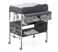 GYMAX Baby Changing Table, Foldable Infant Diaper Changing Station with 4 Lockable Wheels, Storage Basket & Shelves, Height Adjustable Newborn Bath and Changer Unit (Gray), 86 x 54 x 100-107.5cm