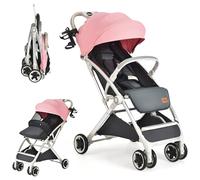GYMAX Baby Foldable Stroller, Adjustable Backrest Pushchair with Safety Belt, Storage Basket, Leather Handle and Lockable Wheels, Toddler Pram Carriage for 0-3 Years Olds Infant Kids (Pink)