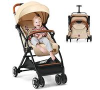 GYMAX Baby Foldable Stroller, Adjustable Backrest Pushchair with Safety Belt, Storage Basket, Leather Handle and Lockable Wheels, Toddler Pram Carriage for 0-3 Years Olds Infant Kids (Beige)