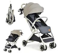 GYMAX Baby Foldable Stroller, Adjustable Backrest Pushchair with Safety Belt, Storage Basket, Leather Handle and Lockable Wheels, Toddler Pram Carriage for 0-3 Years Olds Infant Kids (Light Grey)