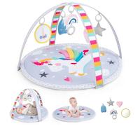 GYMAX Baby Play Mat, Toddle Activity Play Gym with 5 Hanging Sensory Toys, Lightweight Infants Tummy Time Playmats for 0-12 Months