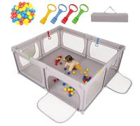 GYMAX Baby Playpen, 186 x 156 cm Toddler Fence with 50 Ocean Balls, 4 Pull Rings, Breathable Mesh, Storage Pocket and Carry Bag, Indoor Outdoor Infant Play Center Yard (Light Grey)