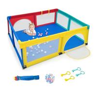 GYMAX Baby Playpen, 206 x 186cm Large Toddler Fence Play Yard with 50 Ocean Balls, 4 Handlebars, Suction Cups and Zipper Door, Indoor Outdoor Infant Activity Center (Colorful)