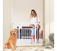 GYMAX Baby Safety Gate, 74-104 cm Adjustable Width Stair Gates with Small Door, Dual Locks and Pressure Mount System, Metal Extra Wide Walk Through Pet Gate for Kids & Pets (White, 74-104 cm)