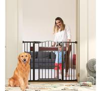 GYMAX Baby Safety Gate, 74-104 cm Adjustable Width Stair Gates with Small Door, Dual Locks and Pressure Mount System, Metal Extra Wide Walk Through Pet Gate for Kids & Pets (Black, 74-104 cm)