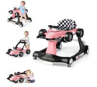 GYMAX Baby Walker, 4 in 1 Foldable Toddler Push Along Walker with Steering Wheel, Music Box, Lights and Comfy Seat, Height & Speed Adjustable Infant Learning to Walk Activity Center (Light Pink)