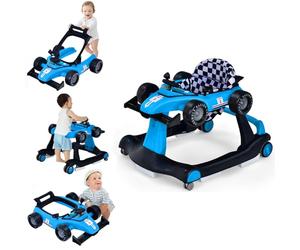 GYMAX Baby Walker, 4 in 1 Foldable Toddler Push Along Walker with Steering Wheel, Music Box, Lights and Comfy Seat, Height & Speed Adjustable Infant Learning to Walk Activity Center (Blue)