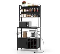 Gymax Bakers Rack Bar Cabinet Microwave Stand With Power Outlet Metal Frame in Black Gymax Black