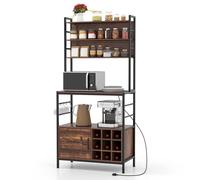 Gymax Bakers Rack Bar Cabinet Microwave Stand With Power Outlet Metal Frame in Brown Gymax Brown