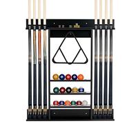 GYMAX Billiards Pool Cue Rack, Wall-Mounted Pool Stick Holder Holds 8 Cues, 16 Billiard Balls and 1 Ball Rack, Solid Pine Wood Billiards Equipment for Man Cave, Billiard Room, Game Room & Club (Black)