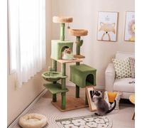 GYMAX Cactus Cat Tree, 160cm Tall Cat Tower with Sisal Scratching Posts, 2 Perches, 2 Cat Condos, Hammock, 2 Balls, Ramp, Washable Cushions, Green Cute Cat Tree Tower for Indoor Cats