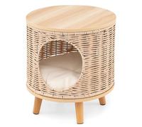 GYMAX Cat House Ottoman, Elevated Rattan Cats Bed with Washable Soft Cushion, Indoor Kitten Condo Footstool, 36 x 36 x 41 cm