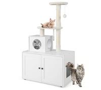 GYMAX Cat Litter Box Enclosure, Enlarged Kitty Washroom Storage Cabinet with Sisal Scratching Post, Plush Bell Ball, Condo & 2 Platforms, Hidden Cat House Pet Crate for Living Room (White)
