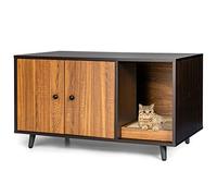 GYMAX Cat Litter Box Enclosure, Hidden Kitty Washroom Storage Cabinet Nightstand Side Table with 2 Doors and Divider, Modern Wooden Cat House Pet Crate for Living Room & Bedroom (Brown, 90x50x50cm)