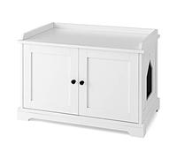 GYMAX Cat Litter Box Enclosure, Hidden Kitty Washroom Storage Cabinet with Scratching Pad and Adjustable Divider, Indoor Cat Houses End Table for Living Room, Bedroom & Hallway White