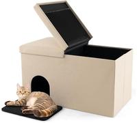 GYMAX Cat Litter Box Enclosure, Hidden Washroom Bench Ottoman with Flip-up Lid, Odor Control Filter and 2-Layer Mat, 3-in-1 Foldable Cat Furniture Kitty House for Living Room Bedroom (Beige)