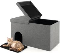GYMAX Cat Litter Box Enclosure, Hidden Washroom Bench Ottoman with Flip-up Lid, Odor Control Filter and 2-Layer Mat, 3-in-1 Foldable Cat Furniture Kitty House for Living Room Bedroom (Grey)