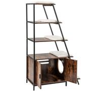 GYMAX Cat Litter Box Enclosure, Indoor Hidden Privacy Kitty Washroom with Ladder Shelf, Removable Cushions & Side Entry, Wooden Cat House Climbing Frame for Living Room Bedroom (Rustic Brown+Black)