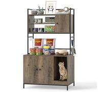 GYMAX Cat Litter Box Enclosure, Indoor Hidden Privacy Kitty Washroom with Storage Shelves, Hooks & Scratching Board, Wooden Cat House Pet Cabinet for Living Room Bedroom