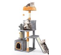 GYMAX Cat Tree for Indoor Cats, 128cm Tall Multi-Level Kitty Tower with 2 Condos, Plush Perch, Sisal Scratching Posts, Self Groomer, Dangling & Spring Balls, Modern Pet Furniture Activity Center