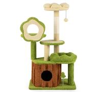 GYMAX Cat Tree for Indoor Cats, Multi-Level Kitty Tower with Trunk Condo, Flower Perch, Plush Napping Bed, Spring Toy, Pompom, Platforms, Scratching Posts, Pet Playhouse Activity Center (100cm Tall)