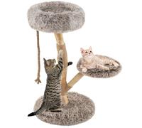 GYMAX Cat Tree, Solid Pear Wood Cat Tower with Sisal Scratching Posts, Perch, Soft Long Plush, Multi-Level Kitty Climbing Tower for Indoor Cats (50 x 50 x 90 cm)