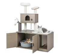 GYMAX Cat Tree with Litter Box Enclosure, All-in-one Cat Tower with Condos, Top Perch, Sisal Posts, Scratching Board, Ramp, Platform & Dangling Balls, Wooden Cat House Furniture (95x55x132cm)