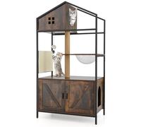 GYMAX Cat Tree with Litter Box Enclosure, Wooden Cat Tower with Sisal Scratching Posts & Pad, Space Capsule, Dangling Ball, Multi-Level Kitty Climbing Tower with Hidden Washroom for Indoor Cats