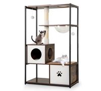 GYMAX Cat Tree, Wooden Cat Tower with 2 Condos, Sisal Scratching Posts, Space Capsule, Dangling Balls, Metal Frame Multi-Level Kitty Climbing Tower for Indoor Cats