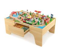 GYMAX Children Train Track Set, Kids Train Play Table with Drawer & Abundant Accessories, Wooden Train Playset for Living Room, Bedroom (84PCS, 97 x 63 x 40 cm)