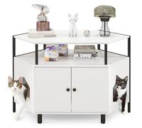 GYMAX Corner Cat Litter Box Enclosure, Wooden Pet Cabinet Furniture with Open Shelf, 2 Entrances, Hidden Cat Washroom, Double-Door Cat House for Indoor Cats, as Storage Cabinet (White)