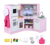 Gymax Corner Kitchen Playset Toy Kitchen With Sounds & Lights for Aged 3+ in Pink Gymax Pink