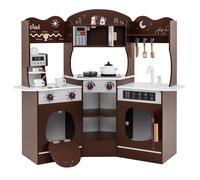 Gymax Corner Play Kitchen Toy Kitchen Playset With Lights & Sounds Microwave in Brown Gymax Brown