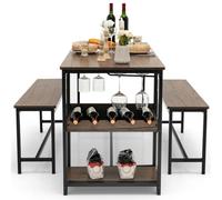 Gymax Dining Table & 2 Benches Set With Wine Rack & Storage Shelf in Brown Gymax Brown