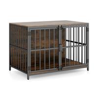 GYMAX Dog Crate Furniture, Heavy Duty Dog Kennel with Dual Lockable Double Doors, Indoor Pet Kennel Side Table for Small and Medium Sized Dog, 100 x 60 x 70 cm (Rustic Brown)