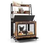 GYMAX Dog Crate Furniture with Storage Shelves, Heavy Duty Dog Kennel with Pull-out Tray, 3 Doors, Flip up Top Opening, Indoor Pet Kennel for Small and Medium Sized Dog