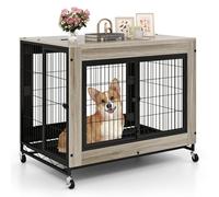 GYMAX Dog Crate Furniture, Wooden Dog Kennel on Wheels with Pull-out Tray, 3 Doors, Flip up Top Opening, Indoor Pet Kennel Side Table for Small and Medium Sized Dogs, 97 x 64 x 77 cm (Oak Gray)