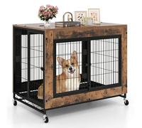 GYMAX Dog Crate Furniture, Wooden Dog Kennel on Wheels with Pull-out Tray, 3 Doors, Flip up Top Opening, Indoor Pet Kennel Side Table for Small and Medium Sized Dogs, 97 x 64 x 77 cm (Rustic Brown)